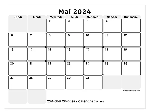 Calendrier n° 44 pour mai 2024 à imprimer gratuit. Semaine : Lundi à dimanche.
