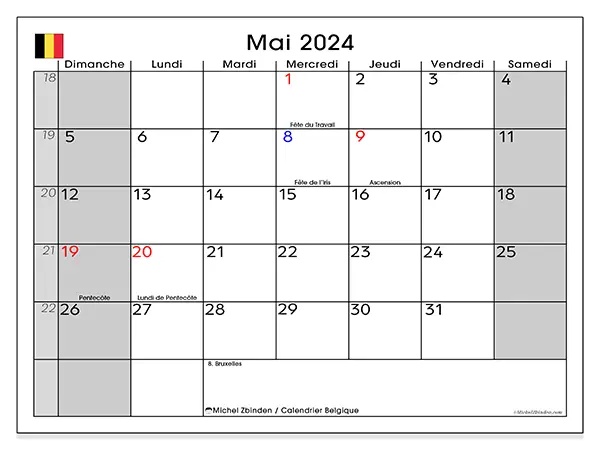 Calendrier Belgique pour mai 2024 à imprimer gratuit. Semaine : Dimanche à samedi.
