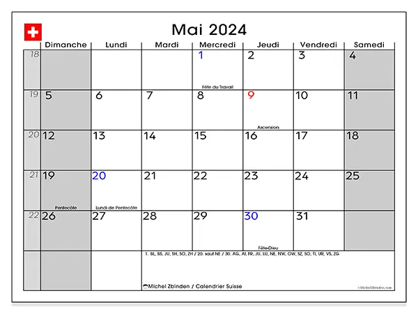 Calendrier Suisse pour mai 2024 à imprimer gratuit. Semaine : Dimanche à samedi.