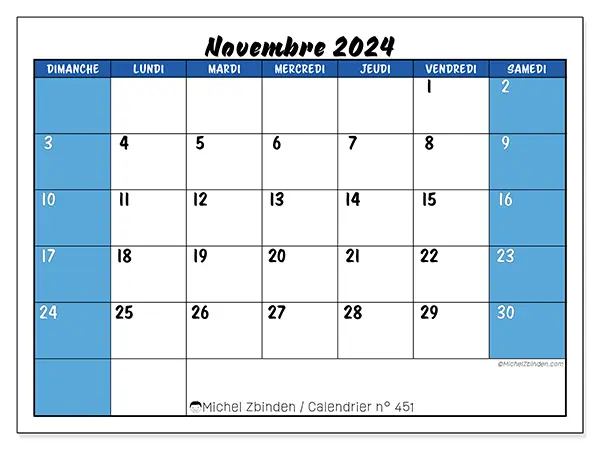 Calendrier n° 451 pour novembre 2024 à imprimer gratuit. Semaine : Dimanche à samedi.