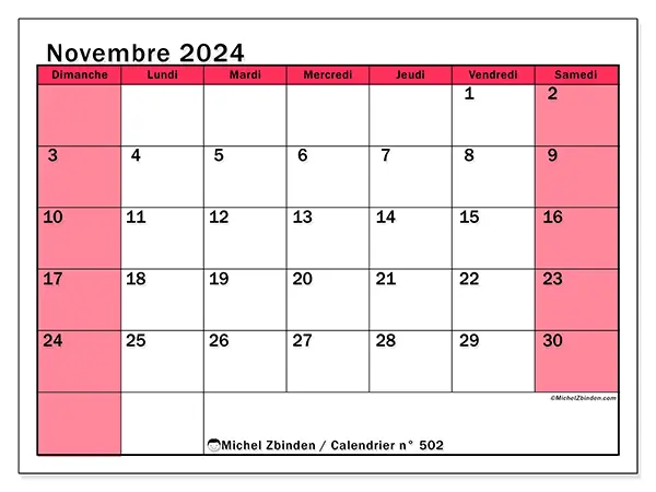 Calendrier n° 502 pour novembre 2024 à imprimer gratuit. Semaine : Dimanche à samedi.