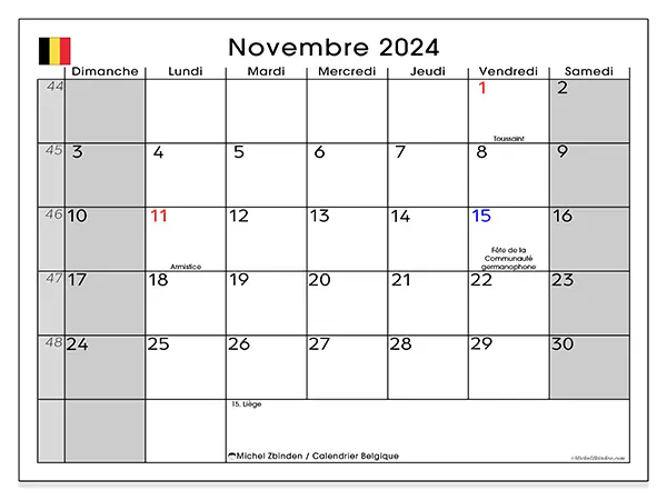 Calendrier Belgique pour novembre 2024 à imprimer gratuit. Semaine : Dimanche à samedi.