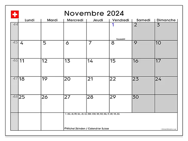 Calendrier Suisse pour novembre 2024 à imprimer gratuit. Semaine : Lundi à dimanche.