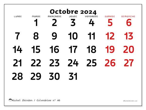 Calendrier n° 46 pour octobre 2024 à imprimer gratuit. Semaine : Lundi à dimanche.