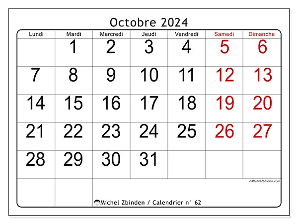 Calendrier n° 62 pour octobre 2024 à imprimer gratuit. Semaine : Lundi à dimanche.