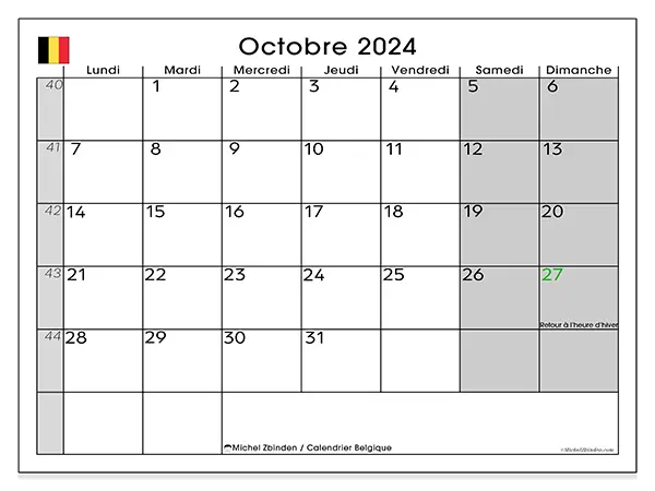 Calendrier Belgique pour octobre 2024 à imprimer gratuit. Semaine : Lundi à dimanche.