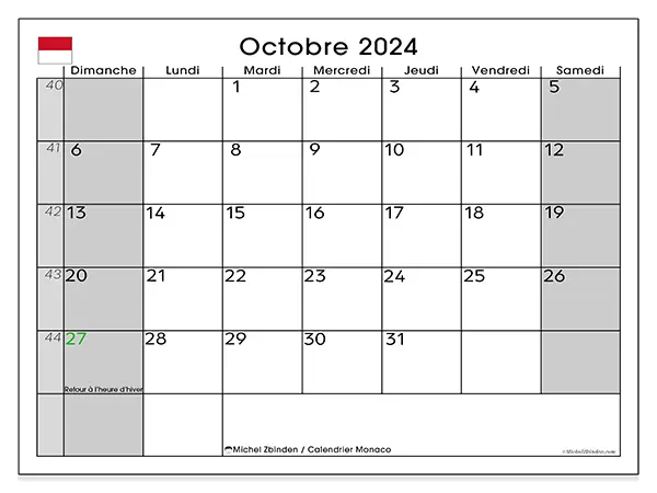 Calendrier Monaco pour octobre 2024 à imprimer gratuit. Semaine : Dimanche à samedi.
