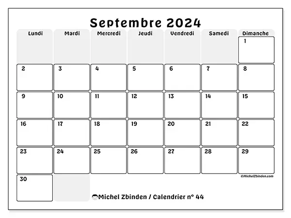 Calendrier n° 44 pour septembre 2024 à imprimer gratuit. Semaine : Lundi à dimanche.