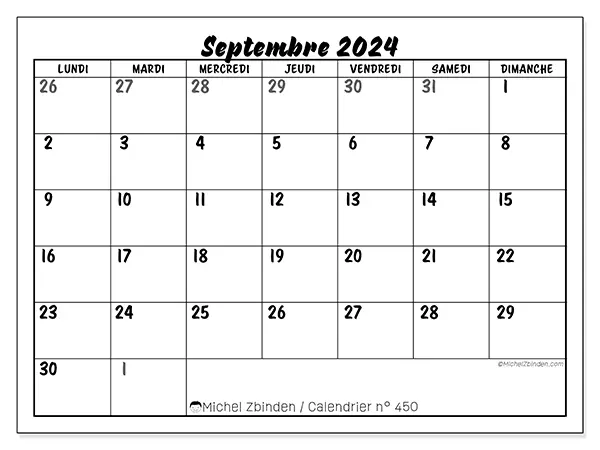 Calendrier n° 450 pour septembre 2024 à imprimer gratuit. Semaine : Lundi à dimanche.
