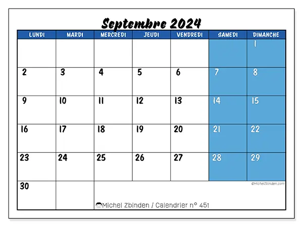 Calendrier n° 451 pour septembre 2024 à imprimer gratuit. Semaine : Lundi à dimanche.