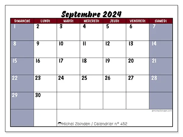 Calendrier n° 452 pour septembre 2024 à imprimer gratuit. Semaine : Dimanche à samedi.
