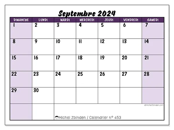 Calendrier n° 453 pour septembre 2024 à imprimer gratuit. Semaine : Dimanche à samedi.