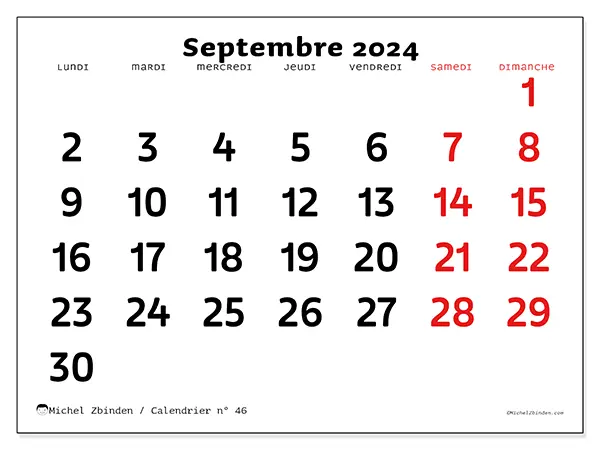 Calendrier n° 46 pour septembre 2024 à imprimer gratuit. Semaine : Lundi à dimanche.