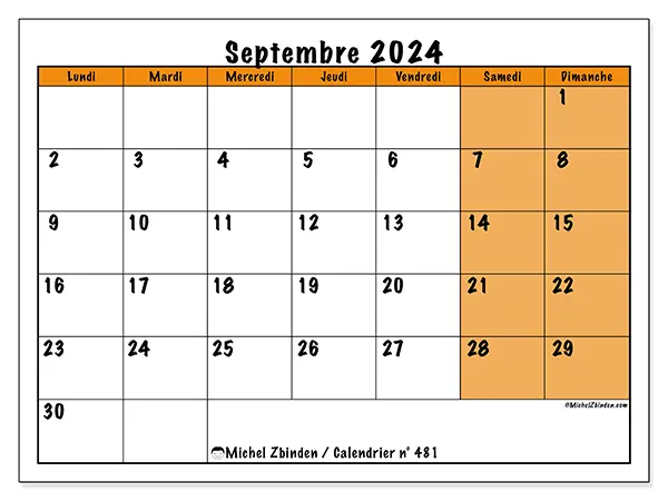 Calendrier n° 481 pour septembre 2024 à imprimer gratuit. Semaine : Lundi à dimanche.