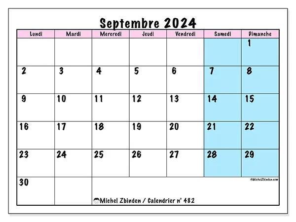 Calendrier n° 482 pour septembre 2024 à imprimer gratuit. Semaine : Lundi à dimanche.