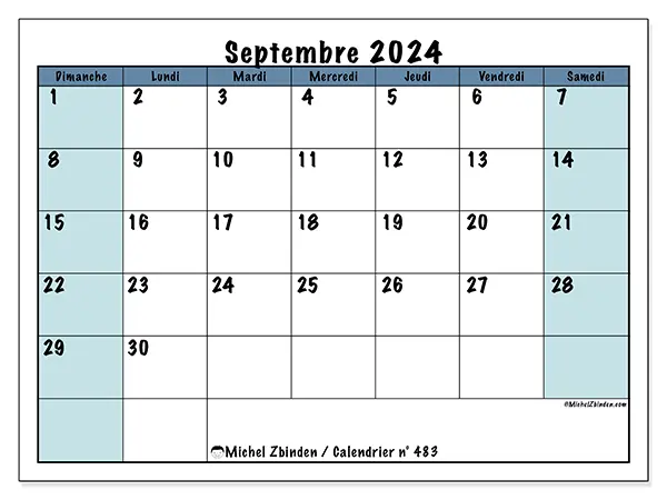 Calendrier n° 483 pour septembre 2024 à imprimer gratuit. Semaine : Dimanche à samedi.