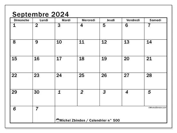 Calendrier n° 500 pour septembre 2024 à imprimer gratuit. Semaine : Dimanche à samedi.