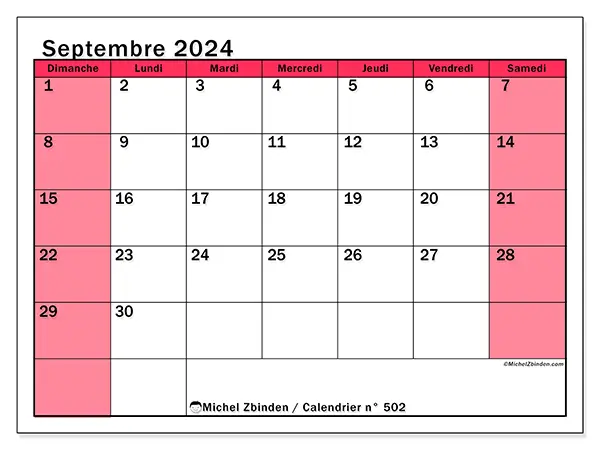 Calendrier n° 502 pour septembre 2024 à imprimer gratuit. Semaine : Dimanche à samedi.