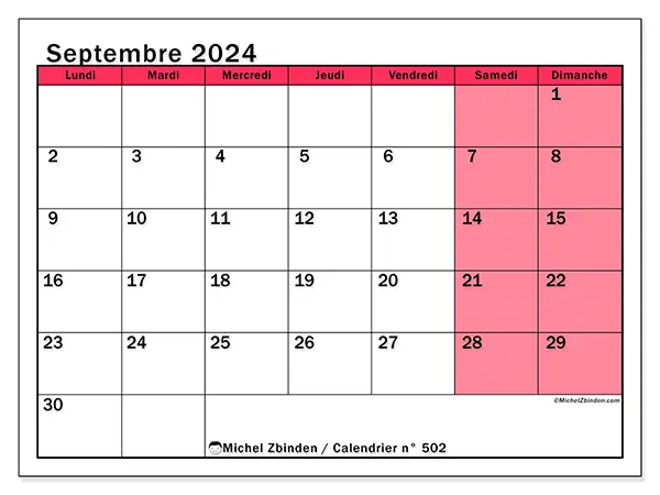 Calendrier n° 502 pour septembre 2024 à imprimer gratuit. Semaine : Lundi à dimanche.