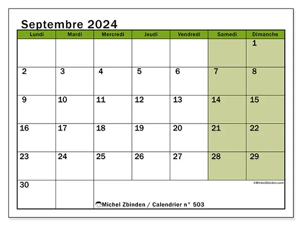Calendrier n° 503 pour septembre 2024 à imprimer gratuit. Semaine : Lundi à dimanche.
