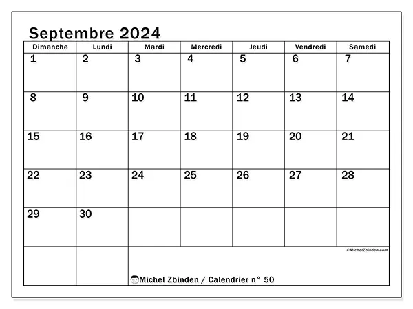 Calendrier n° 50 pour septembre 2024 à imprimer gratuit. Semaine : Dimanche à samedi.