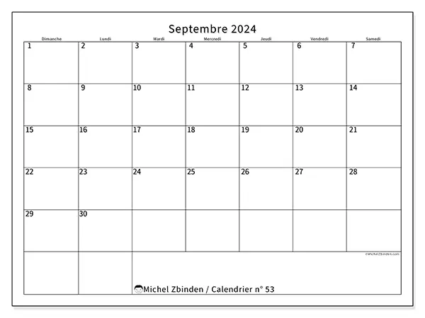 Calendrier n° 53 pour septembre 2024 à imprimer gratuit. Semaine : Dimanche à samedi.