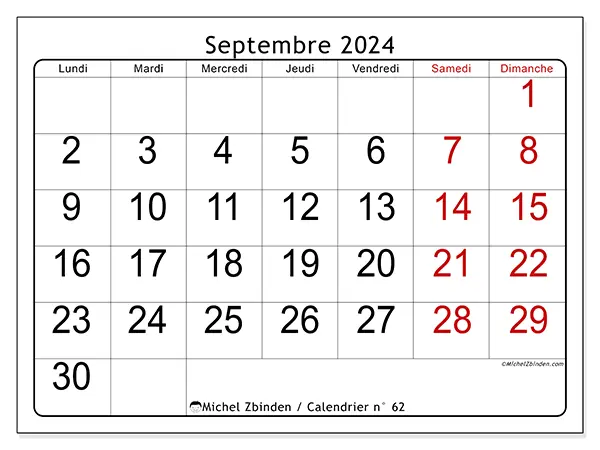 Calendrier n° 62 pour septembre 2024 à imprimer gratuit. Semaine : Lundi à dimanche.