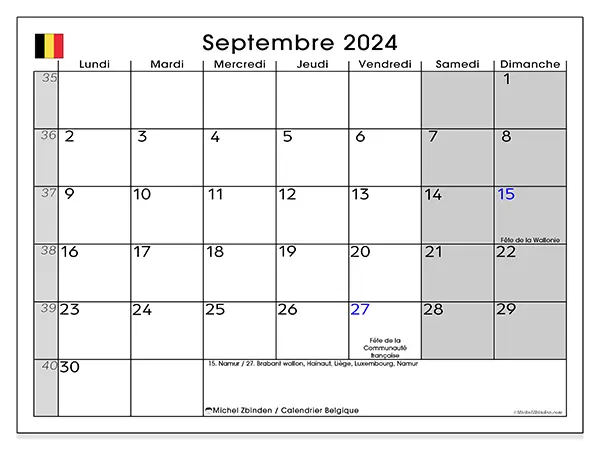 Calendrier Belgique pour septembre 2024 à imprimer gratuit. Semaine : Lundi à dimanche.