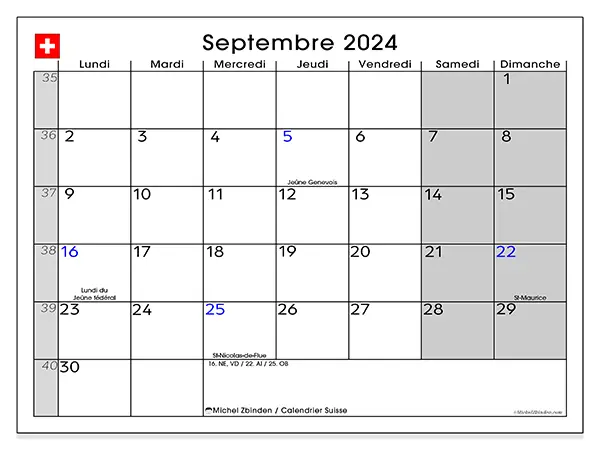Calendrier Suisse pour septembre 2024 à imprimer gratuit. Semaine : Lundi à dimanche.