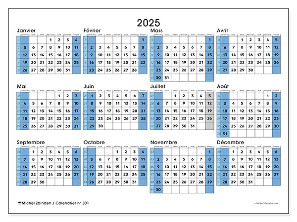 Calendrier n° 301 à imprimer pour 2025