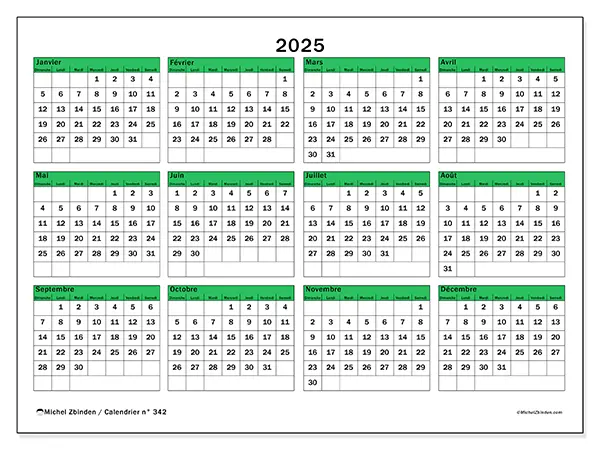 Calendrier n° 342 à imprimer pour 2025