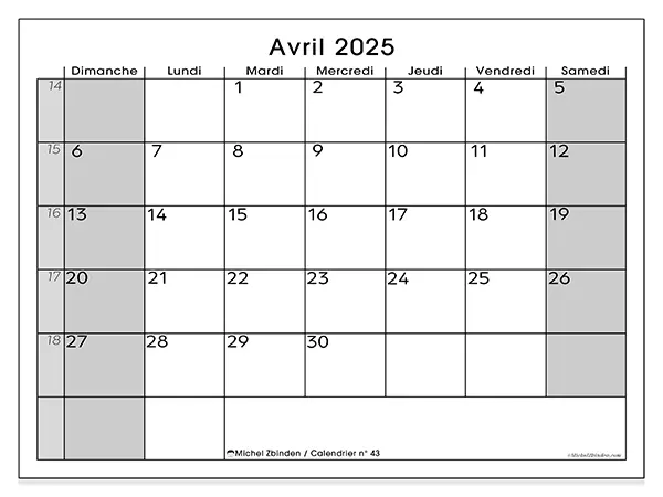 Calendrier n° 43 pour avril 2025 à imprimer gratuit. Semaine : Dimanche à samedi.