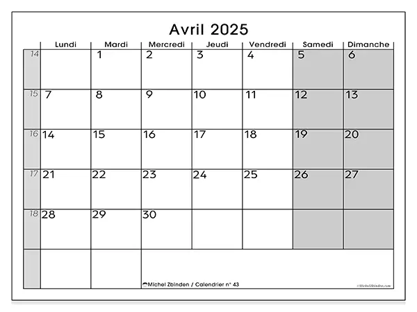 Calendrier n° 43 pour avril 2025 à imprimer gratuit. Semaine : Lundi à dimanche.