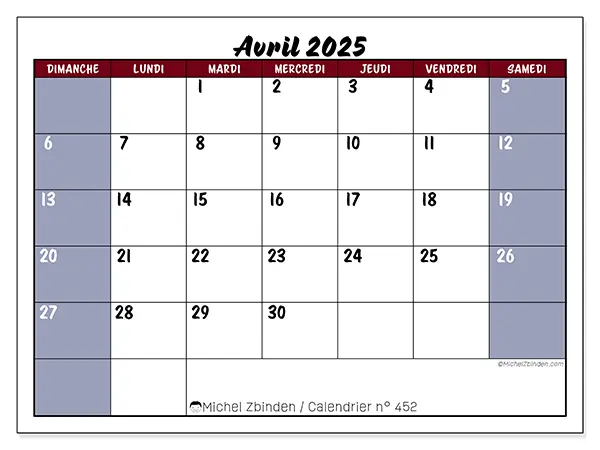 Calendrier n° 452 pour avril 2025 à imprimer gratuit. Semaine : Dimanche à samedi.