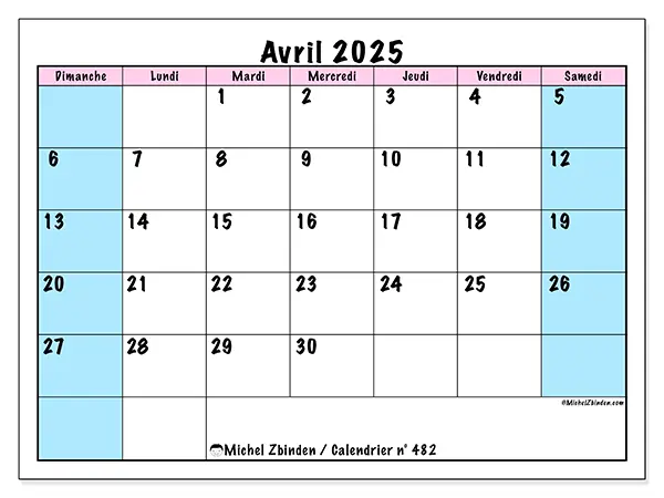 Calendrier n° 482 pour avril 2025 à imprimer gratuit. Semaine : Dimanche à samedi.