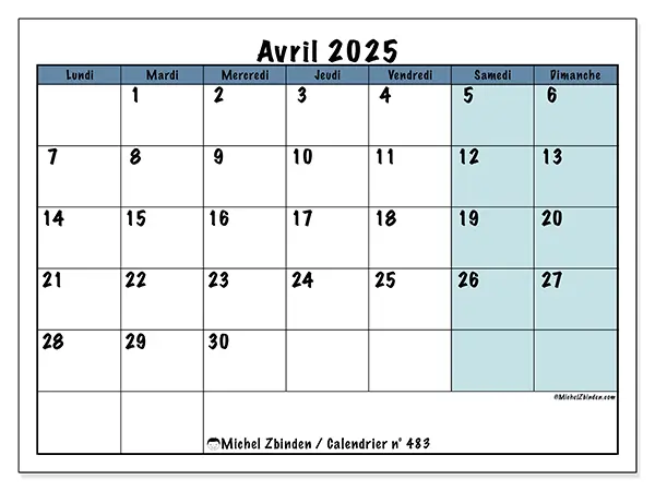 Calendrier n° 483 pour avril 2025 à imprimer gratuit. Semaine : Lundi à dimanche.