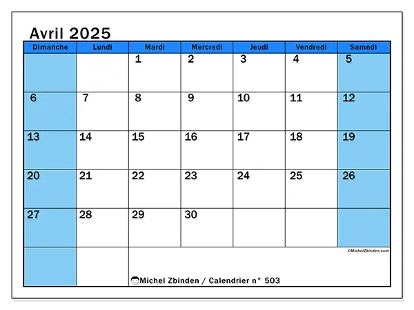 Calendrier n° 501 pour avril 2025 à imprimer gratuit. Semaine : Dimanche à samedi.
