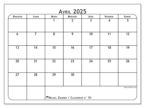 Calendrier n° 51 pour avril 2025 à imprimer gratuit. Semaine : Dimanche à samedi.