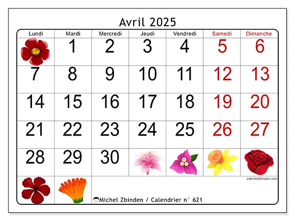 Calendrier n° 621 pour avril 2025 à imprimer gratuit. Semaine : Lundi à dimanche.