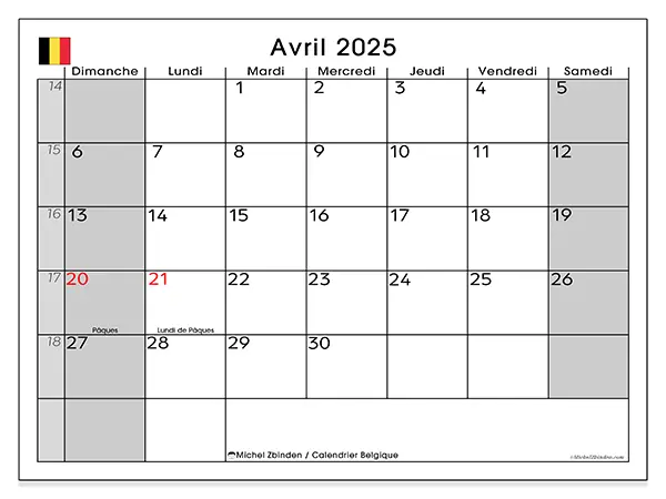 Calendrier Belgique pour avril 2025 à imprimer gratuit. Semaine : Dimanche à samedi.