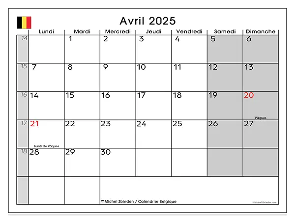 Calendrier Belgique pour avril 2025 à imprimer gratuit. Semaine : Lundi à dimanche.