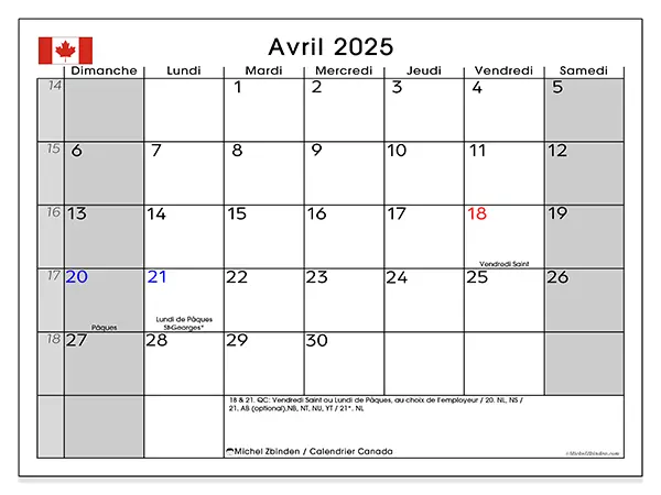 Calendrier Canada pour avril 2025 à imprimer gratuit. Semaine : Dimanche à samedi.