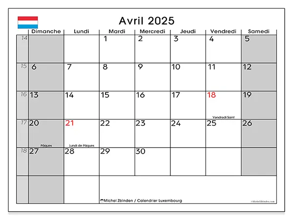 Calendrier Luxembourg pour avril 2025 à imprimer gratuit. Semaine : Dimanche à samedi.