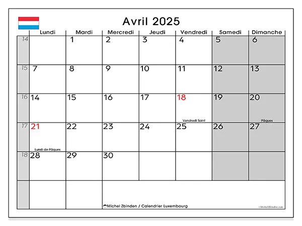 Calendrier Luxembourg pour avril 2025 à imprimer gratuit. Semaine : Lundi à dimanche.