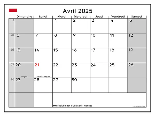 Calendrier Monaco pour avril 2025 à imprimer gratuit. Semaine : Dimanche à samedi.