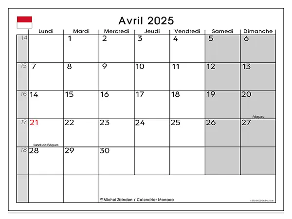 Calendrier Monaco pour avril 2025 à imprimer gratuit. Semaine : Lundi à dimanche.
