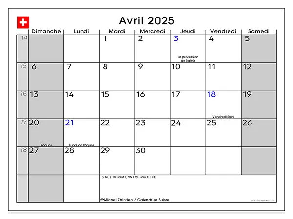 Calendrier Suisse pour avril 2025 à imprimer gratuit. Semaine : Dimanche à samedi.