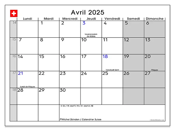 Calendrier Suisse pour avril 2025 à imprimer gratuit. Semaine : Lundi à dimanche.
