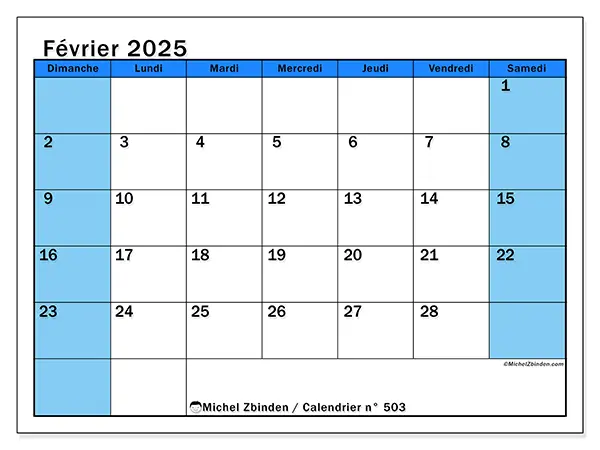 Calendrier à imprimer n° 501, février 2025