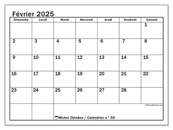 Calendrier à imprimer n° 50, février 2025